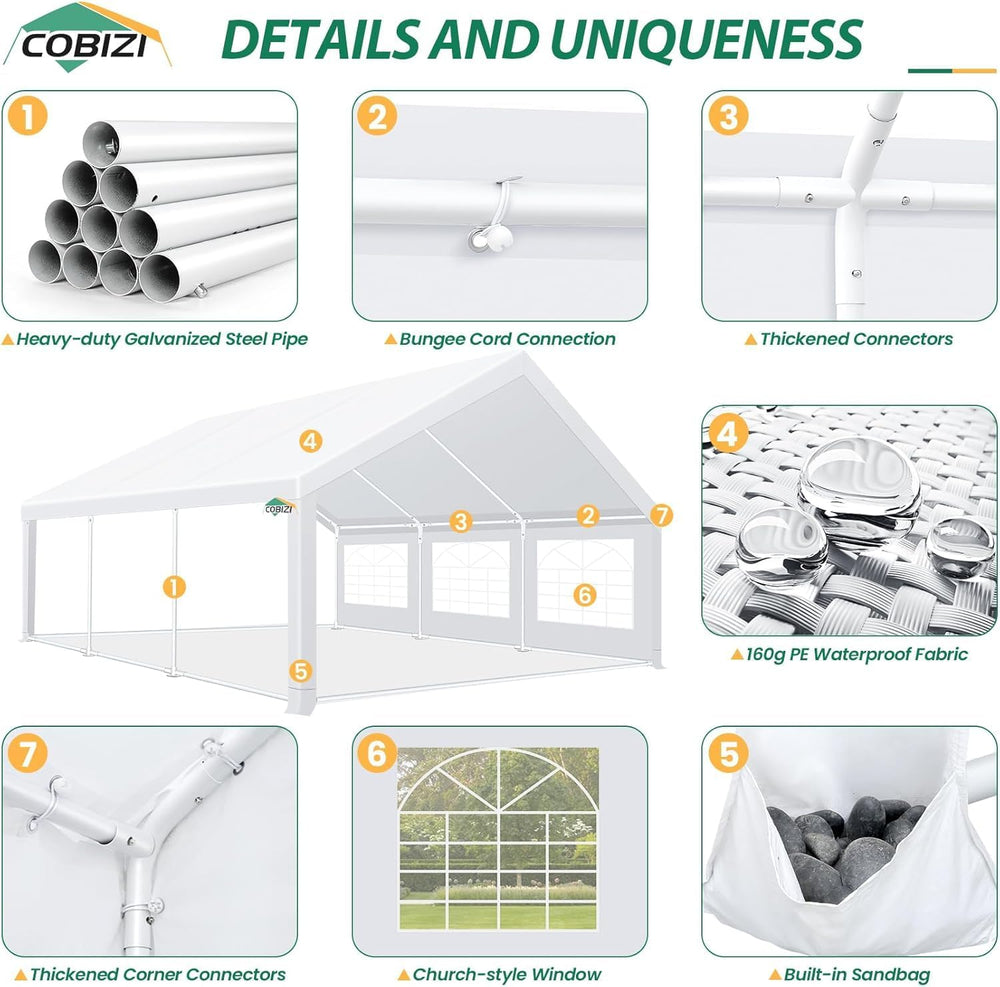 COBIZI 20x20 Outdoor Party Tent Heavy Duty Waterproof Canopy Shelter with 6 S...