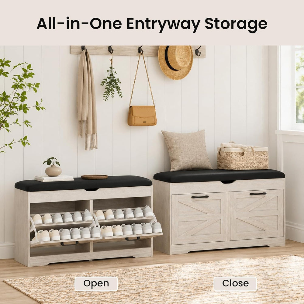 39" Shoe Storage Bench with Seat Cushion, Wood, Ash White