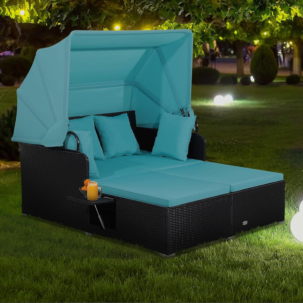 ORALNER Outdoor Daybed, 2-Person Wicker Patio Sofa with Retractable Canopy, C...