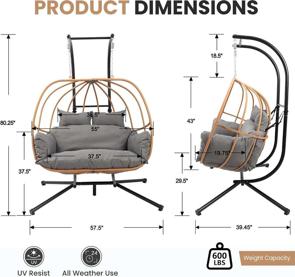 Double Egg Swing Chair Outdoor, 2 Person Egg Chair Outdoor with Cushions, Imi...