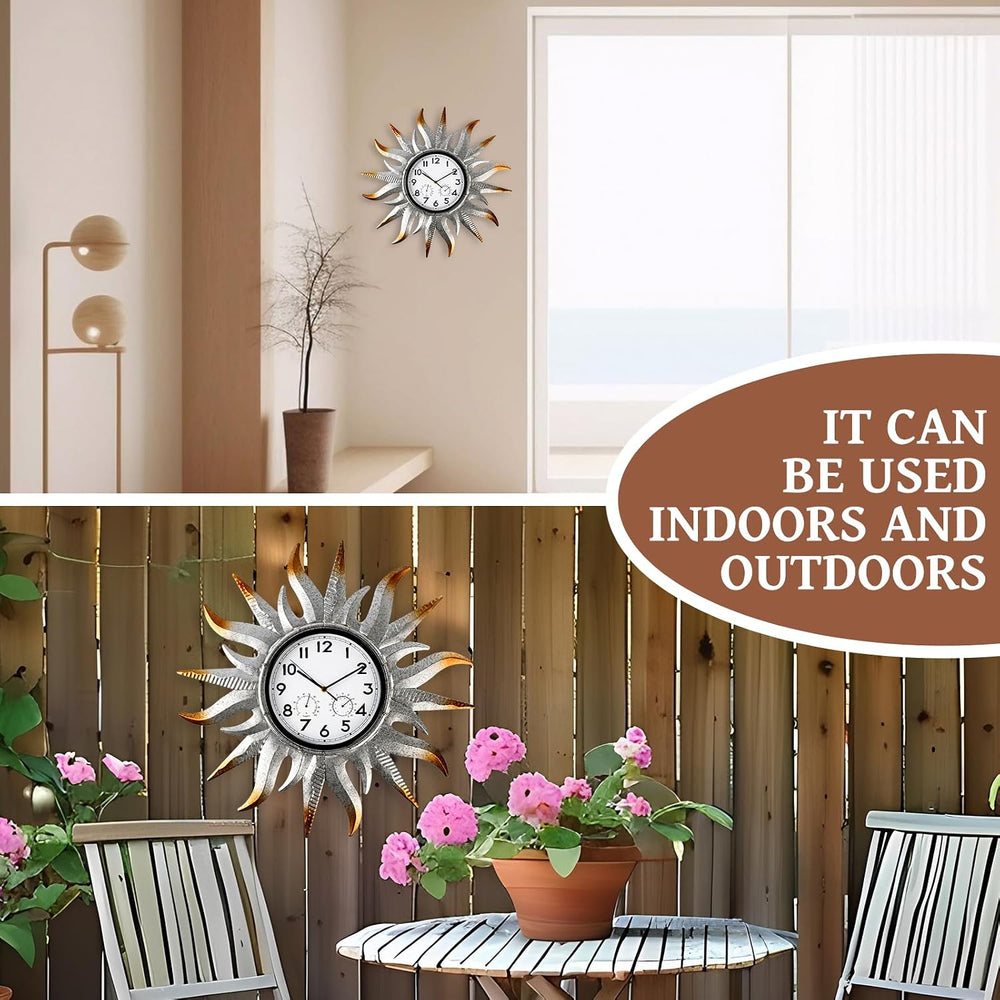 25-Inch Sun-Shaped Outdoor Clock and Thermometer Set, 10-Inch Dial, Battery P...