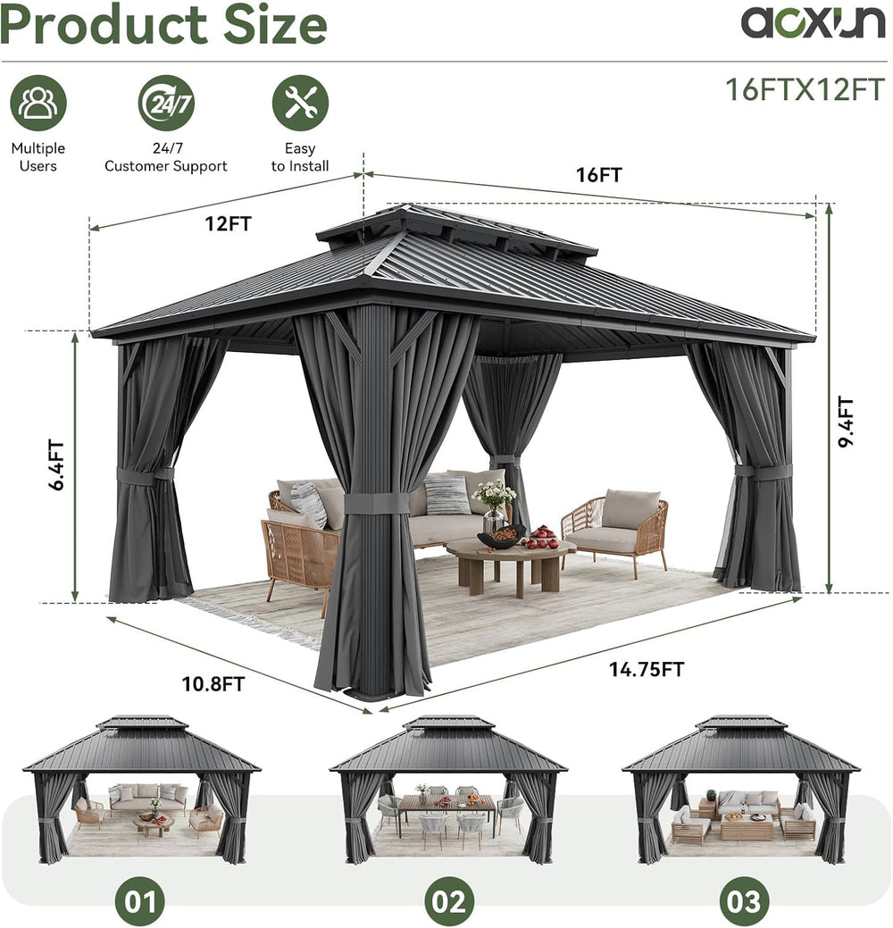 Aoxun 12X16Ft Hardtop Gazebo Metal Gazebo with Galvanized Steel Double Roof