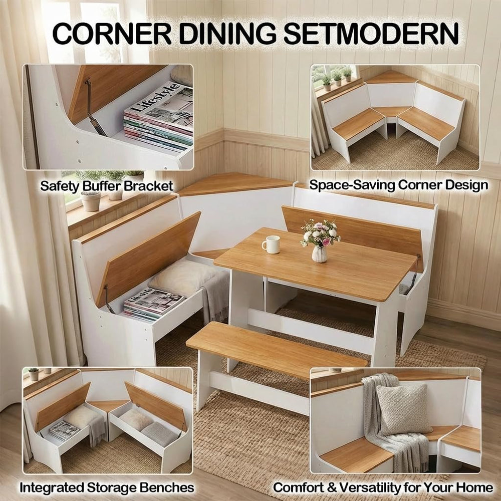 Farmhouse Breakfast Nook Table Set, Dining Nook Set with Corner Bench,with St...