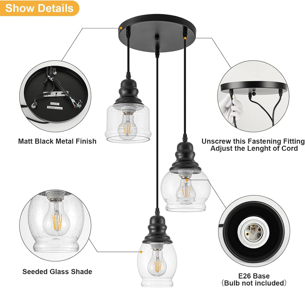 WILON 3 Light Seeded Glass Mini Pendant Lights Kitchen Island