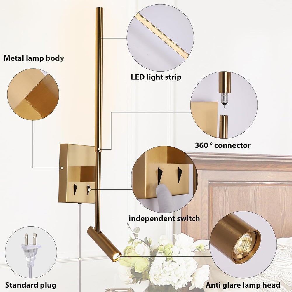 Modern Plug in Wall Sconce Indoor Ambient Lighting for Bedroom, Gold LED Wall...