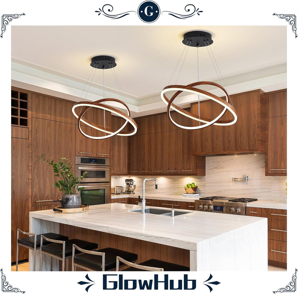 GlowHub Modern LED Chandelier for Dining Room 2 Ring Wood Grain Hanging Light...