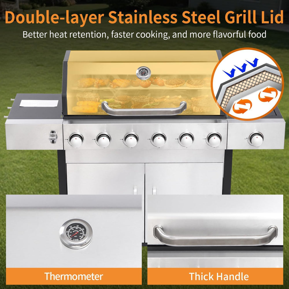 6 Burner Propane Gas Grill with Side Burner, Cast Iron Grates & Griddle C...