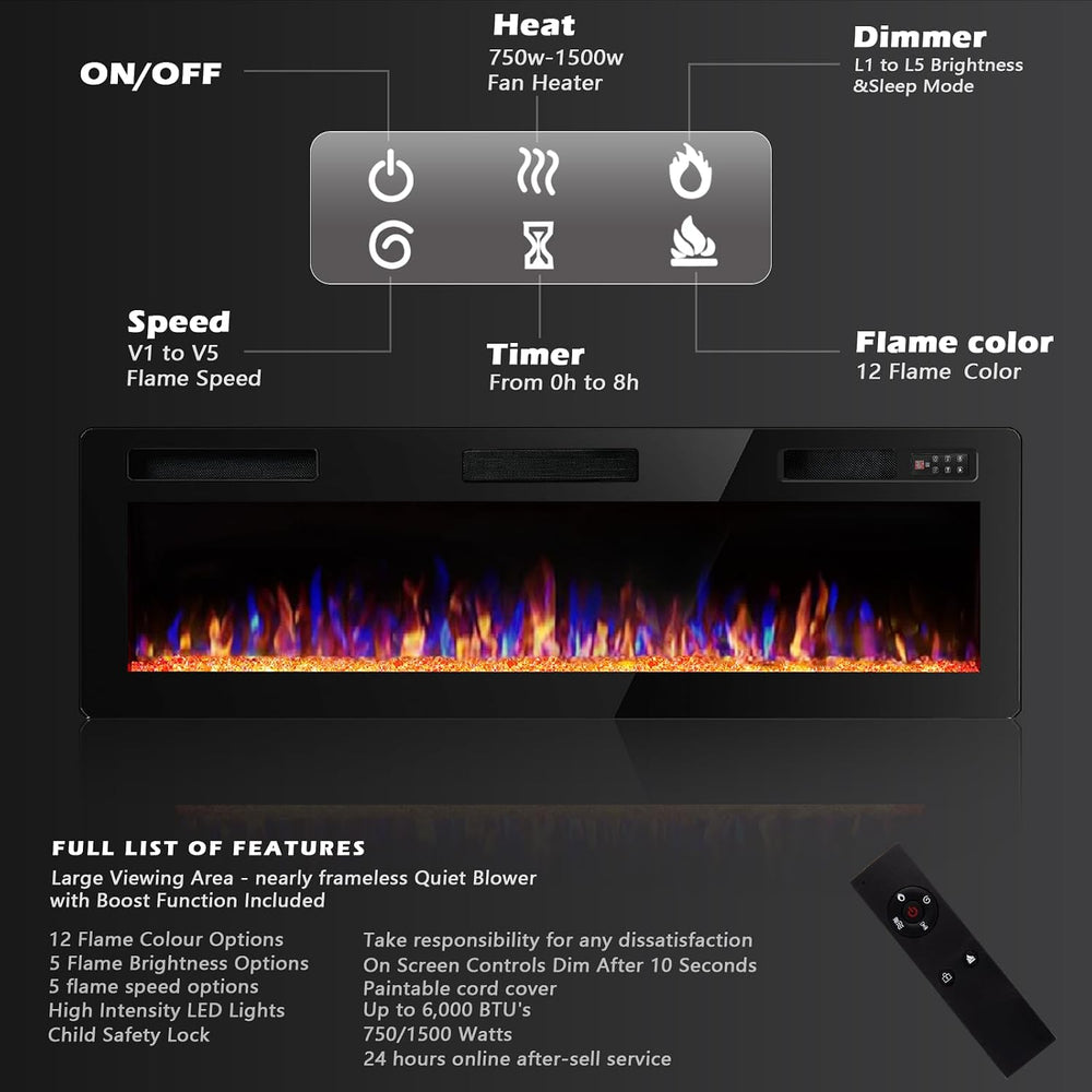 60 inch Ultra-Thin Silence Linear Electric Fireplace, Recessed Wall Mounted
