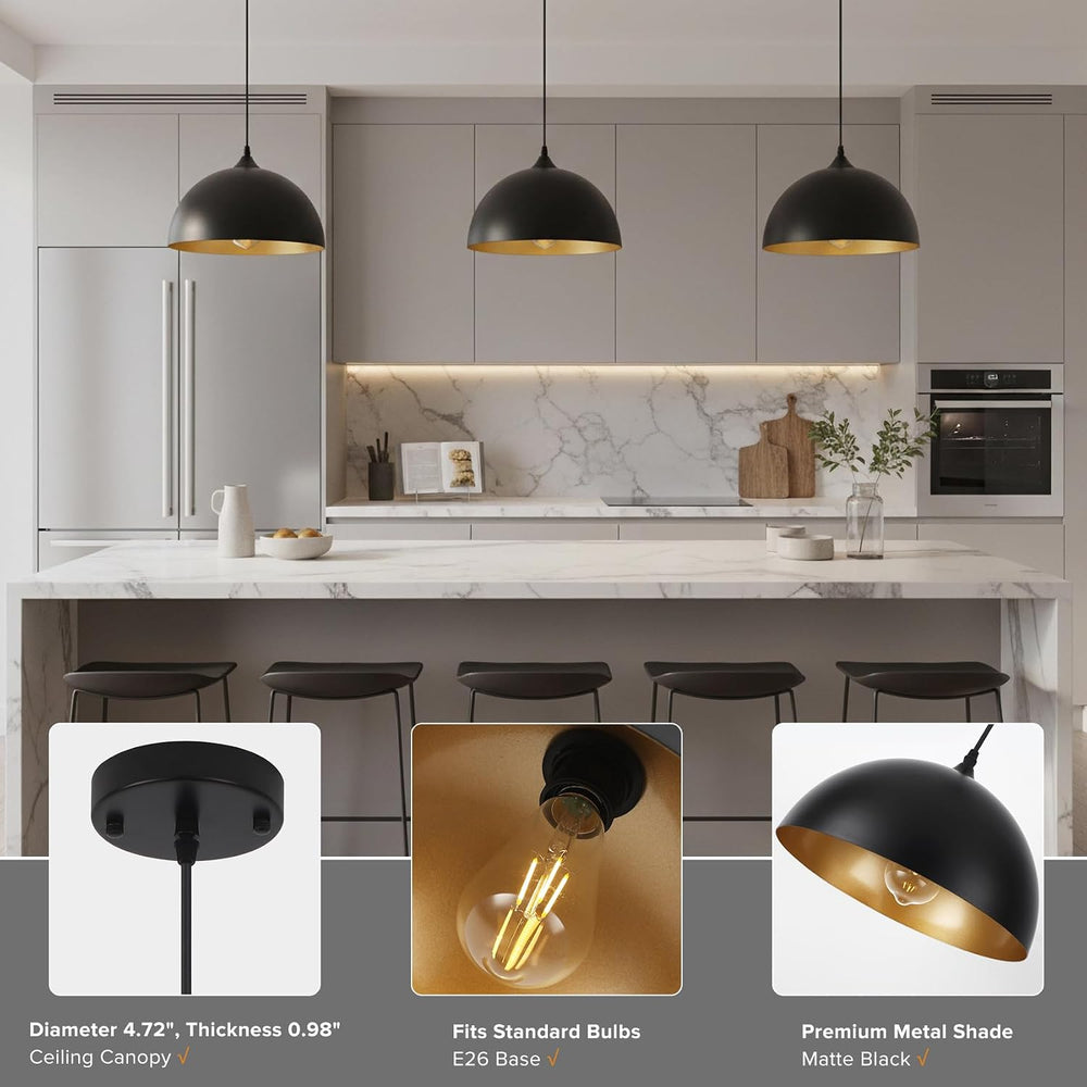 3 Pack Black Pendant Lights Kitchen Island, 11.8'' Modern Dome Pendan...