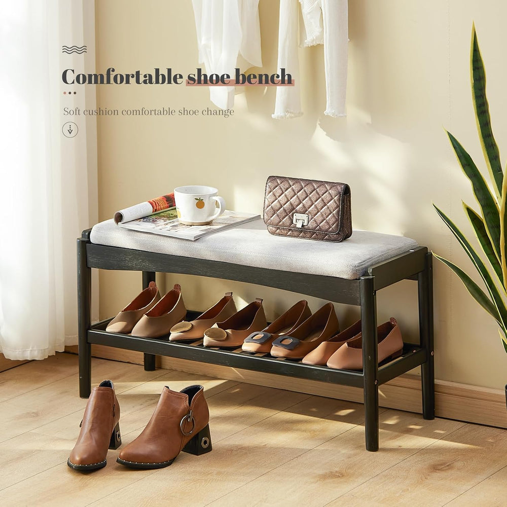 STDDRE Shoe Bench Entryway Bamboo 2-Tier Shoe Rack with Cushion Padded Seat S...