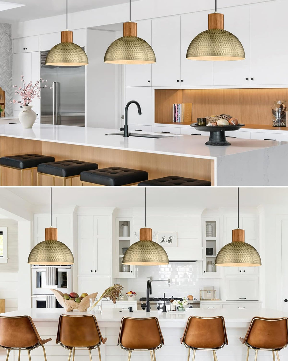 ELYONA 2 Pack Hammered Pendant Lights 12” Vintage Metal & Wood Dome Hangi...