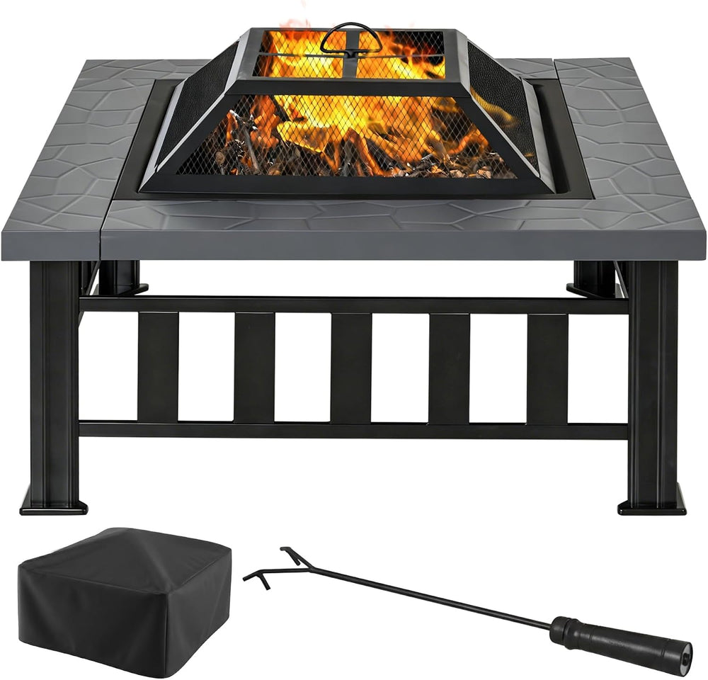 Outsunny 34" Outdoor Fire Pit Square Steel Wood Burning Firepit Bowl
