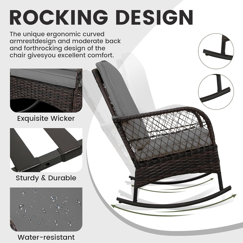 LEVELEVE 3 pcs Rocking Bistro Set Conversation Chairs PE Wicker Outdoor Rocki...