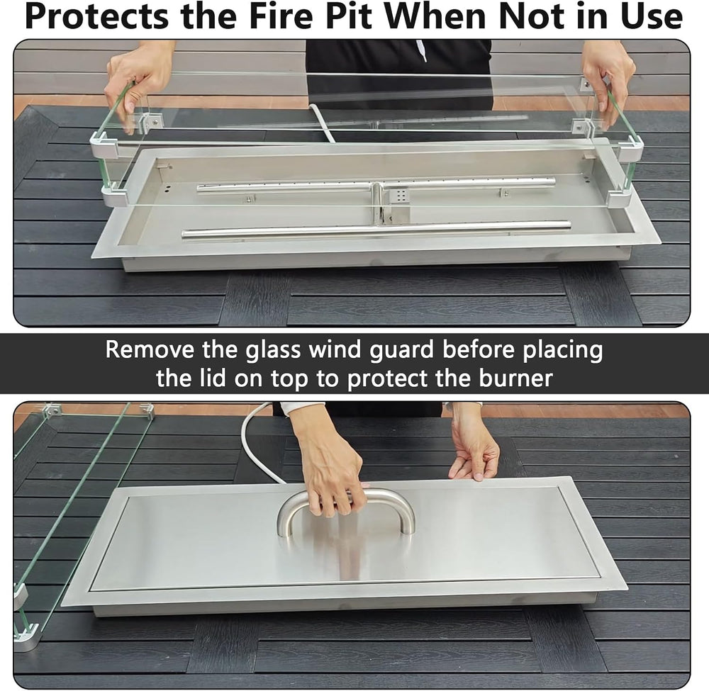 Hisencn 30 x10 Inch Drop-in Fire Pit Kit with Glass Wind Guard and Lid