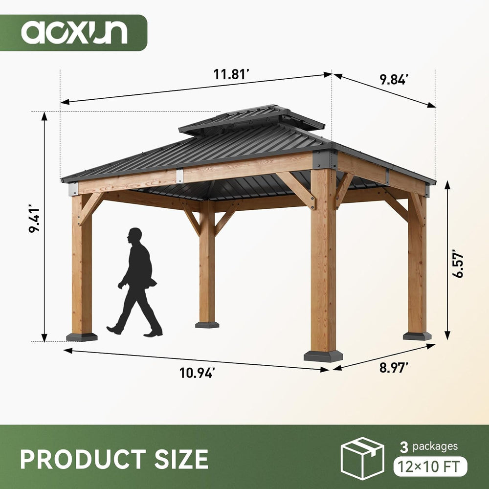 Aoxun 10' x 12' Patio Wood Gazebo Cedar Wood, Natural