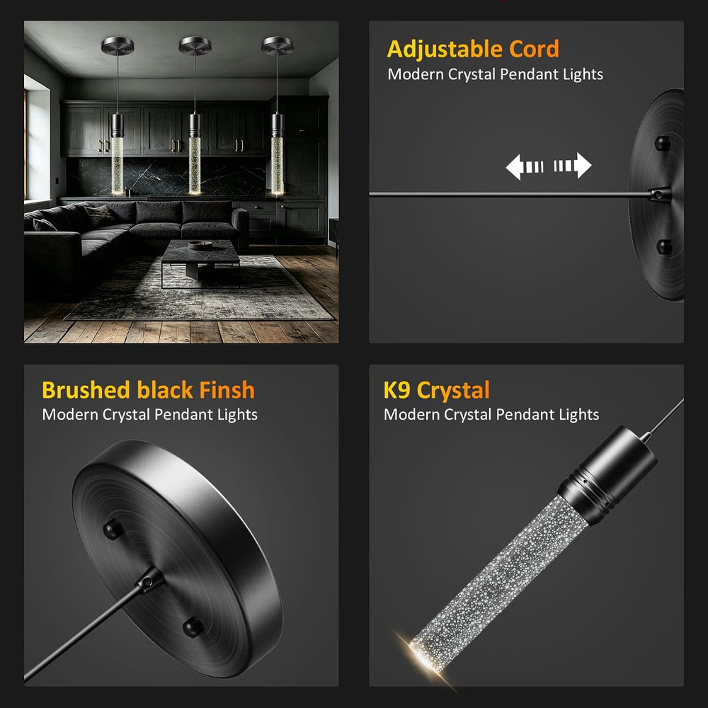 Black Pendant Lights Kitchen Island, Crystal Bubble Pendant Lights, Adjustabl...