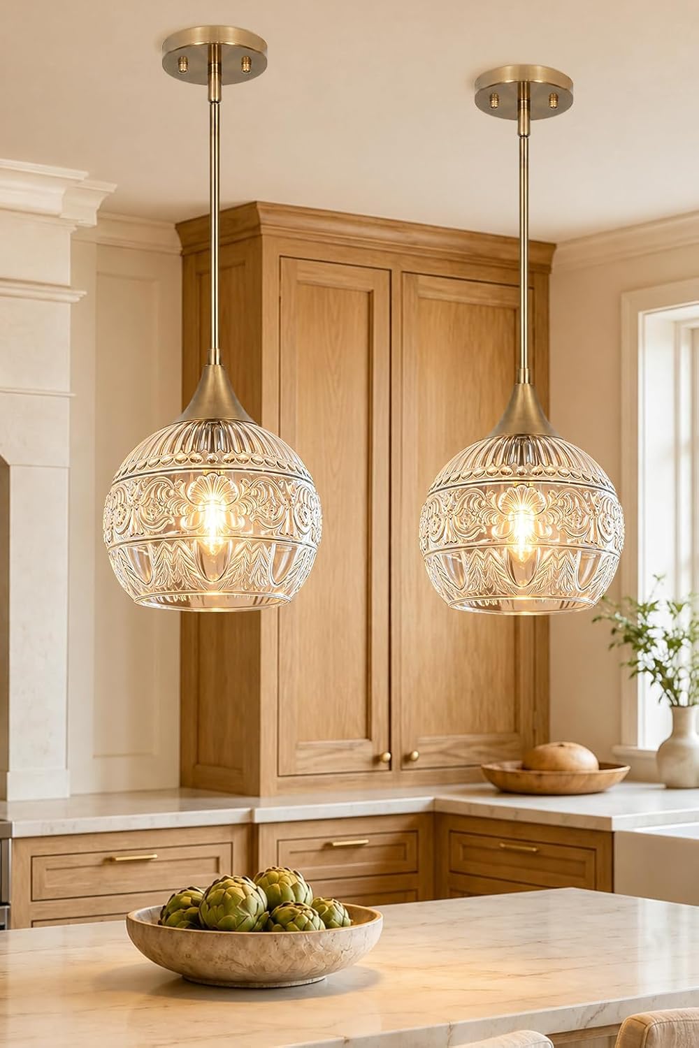 DSMJFU Gold Vintage Glass Pendant Lights for Kitchen Island, Sink Set of 2
