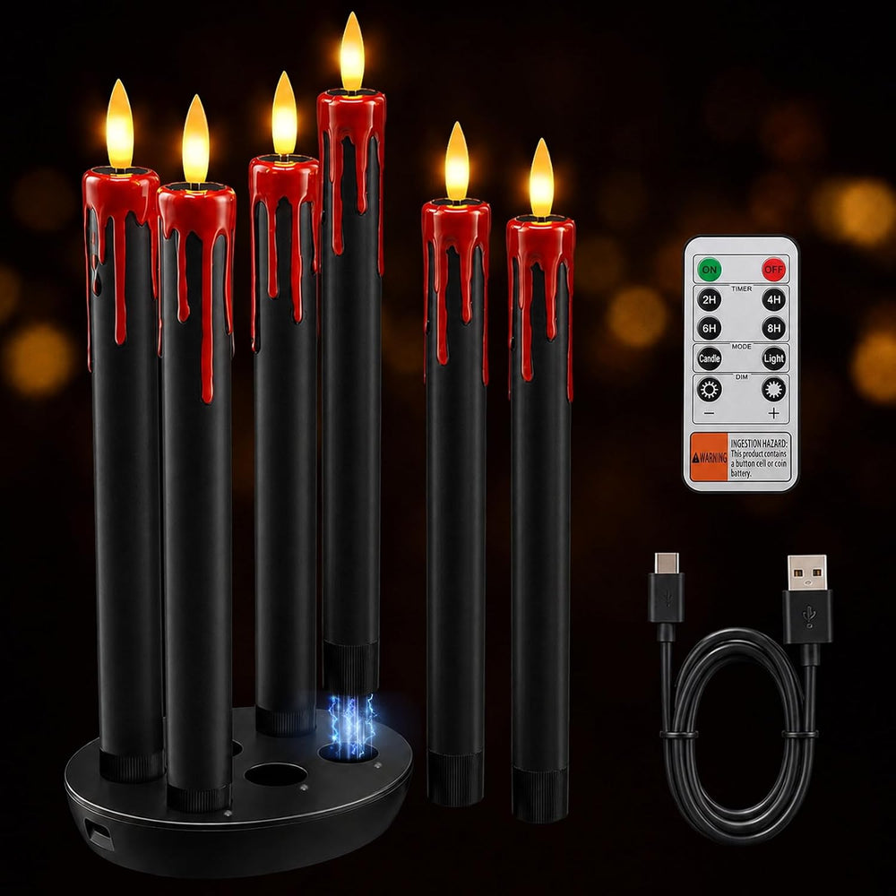 Patiphan Rechargeable Halloween Flameless Taper Candles with Remote, 6 Pcs