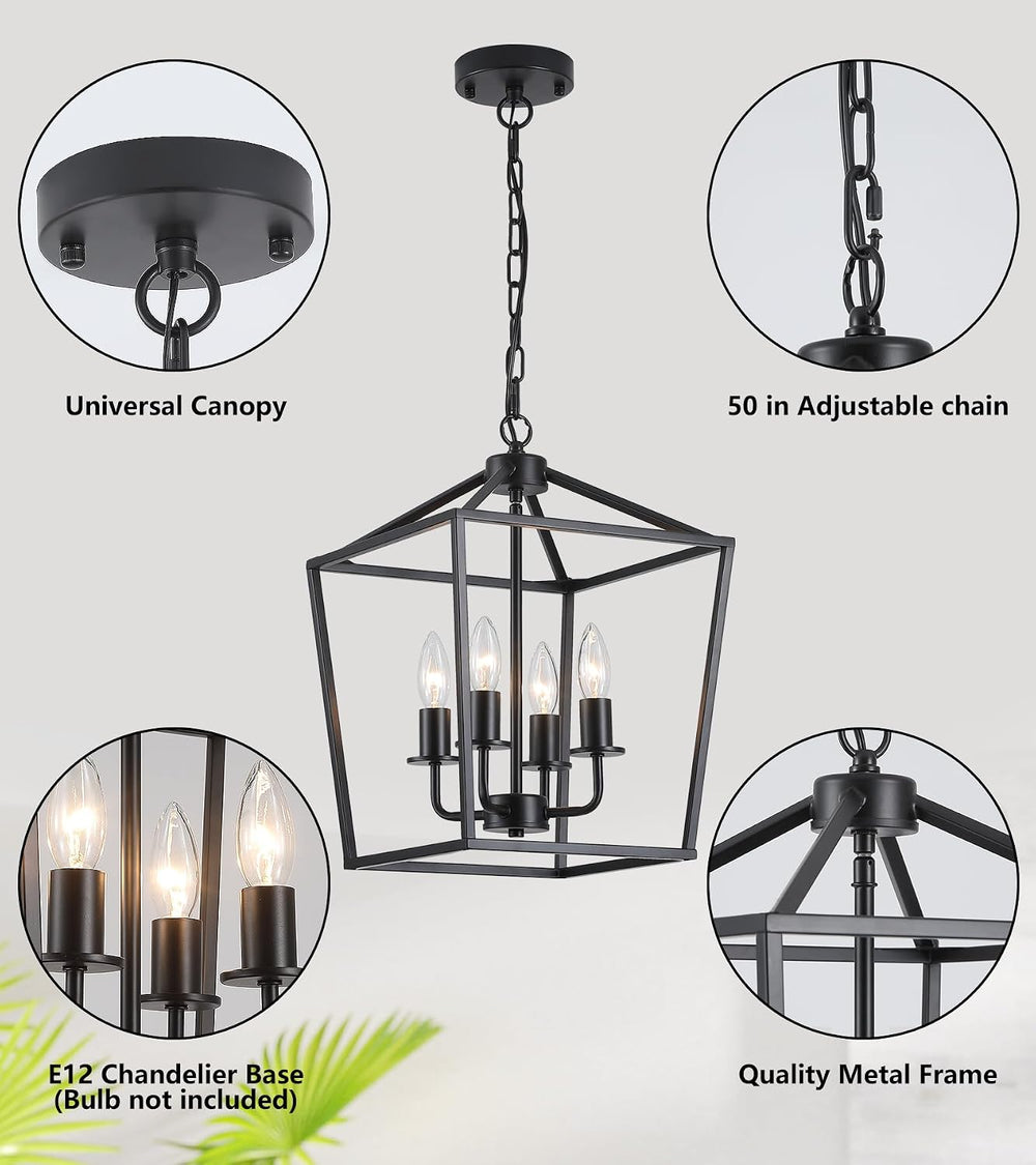 AMZASA UL Listed Black Industrial 4 Light Lantern Chandelier Ceiling Light Fi...