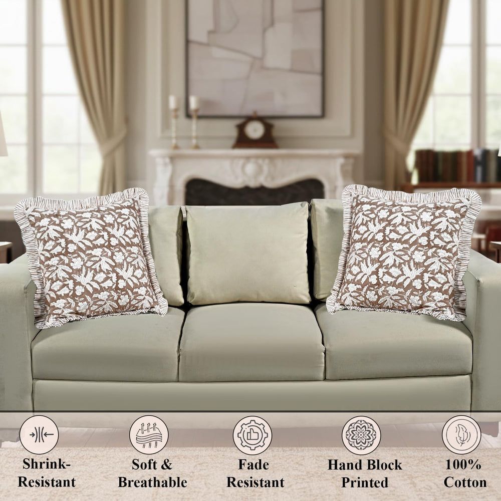 Ridhi Oak Brown Floral Block Print Throw Pillow Covers 16 x 16 Inch (Set of 2)