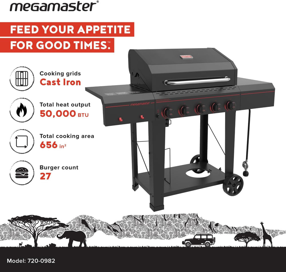 Megamaster Cart 5 Burner Gas Grill, Side Tables with Accessory Hooks, Black