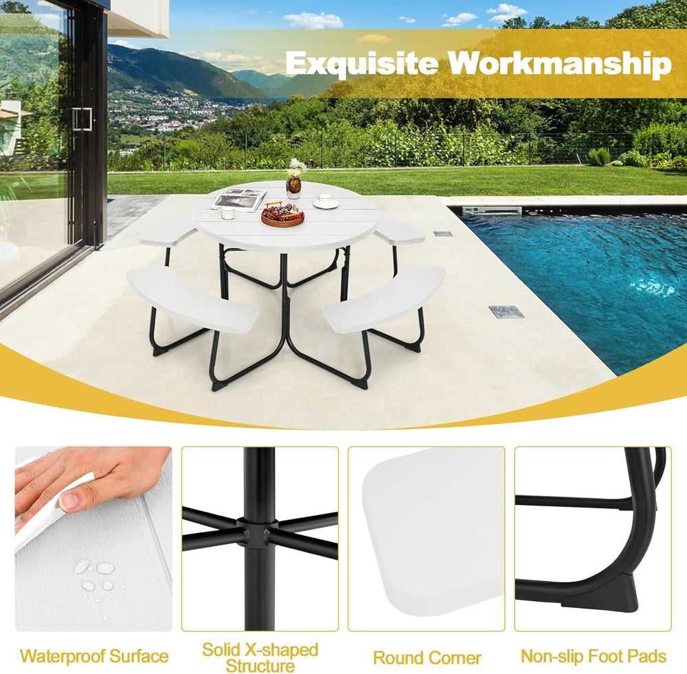 Tangkula 8 Person Picnic Table, Outdoor Round Picnic Table with 4 Built-in Be...