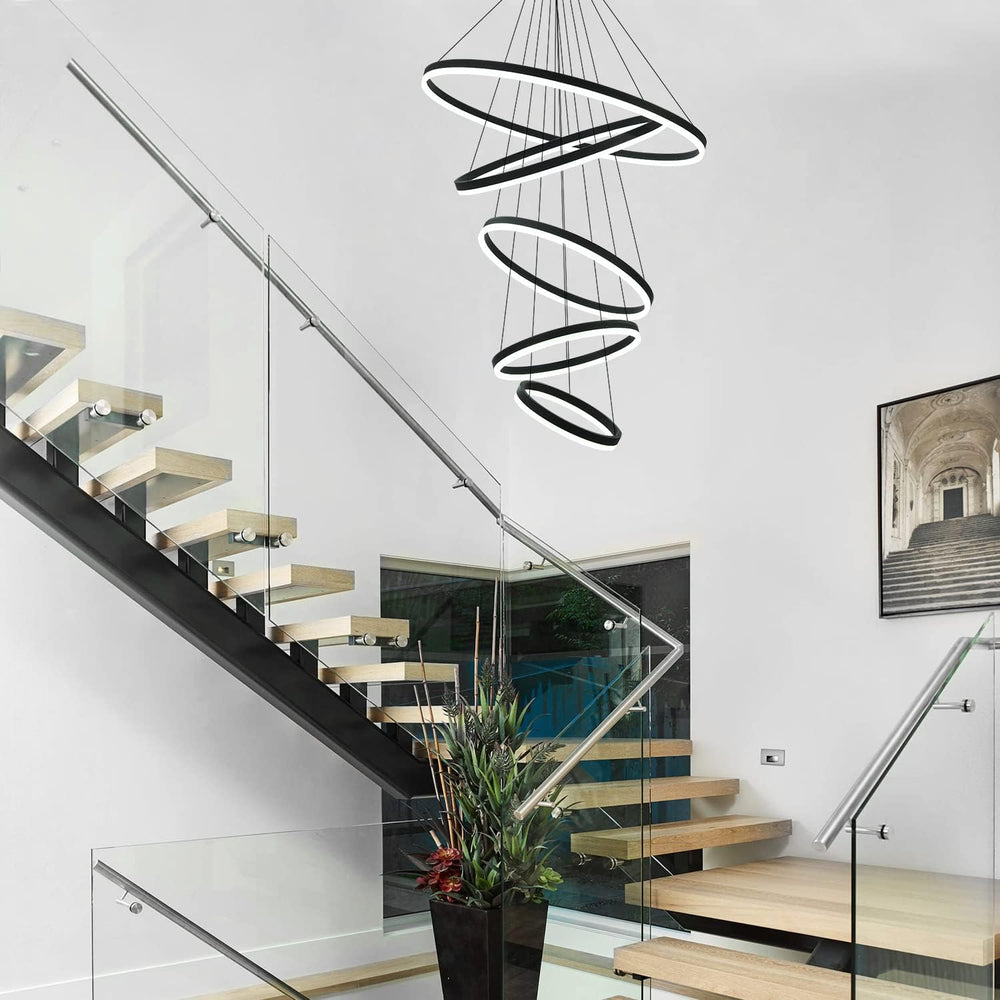 5-Rings Modern LED Chandelier Black Dimmable High Ceiling Chandelier for Dini...