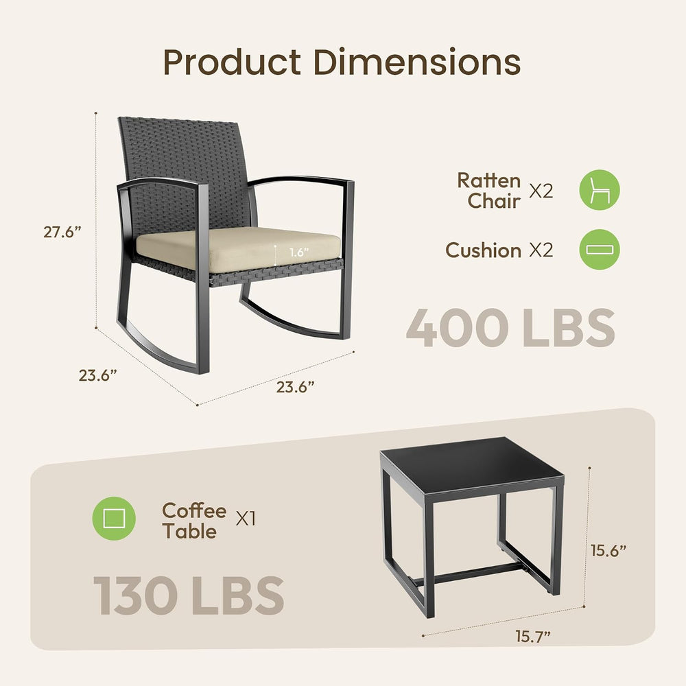 Rocking Patio Bistro Sets - All-Weather - 3 Piece Rattan Conversation Furnitu...