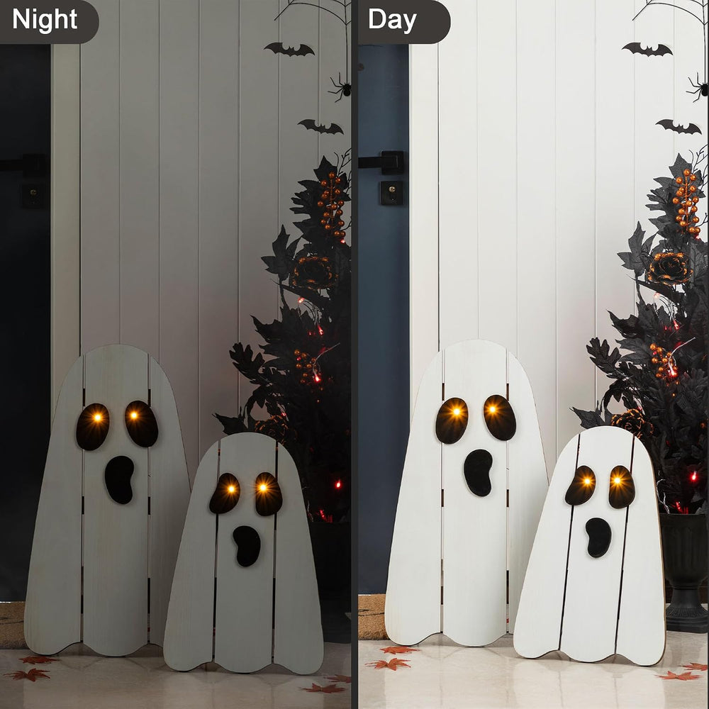 Glitzhome Set of 2 Halloween Lighted Wood Ghost Porch Decor - 24" H &...