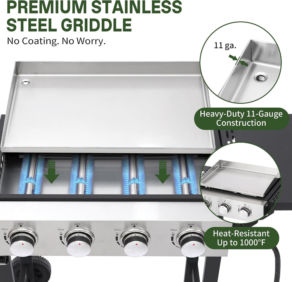 4-Burner Flat Top Grill with Folding Side Tables, 40,000 BTU