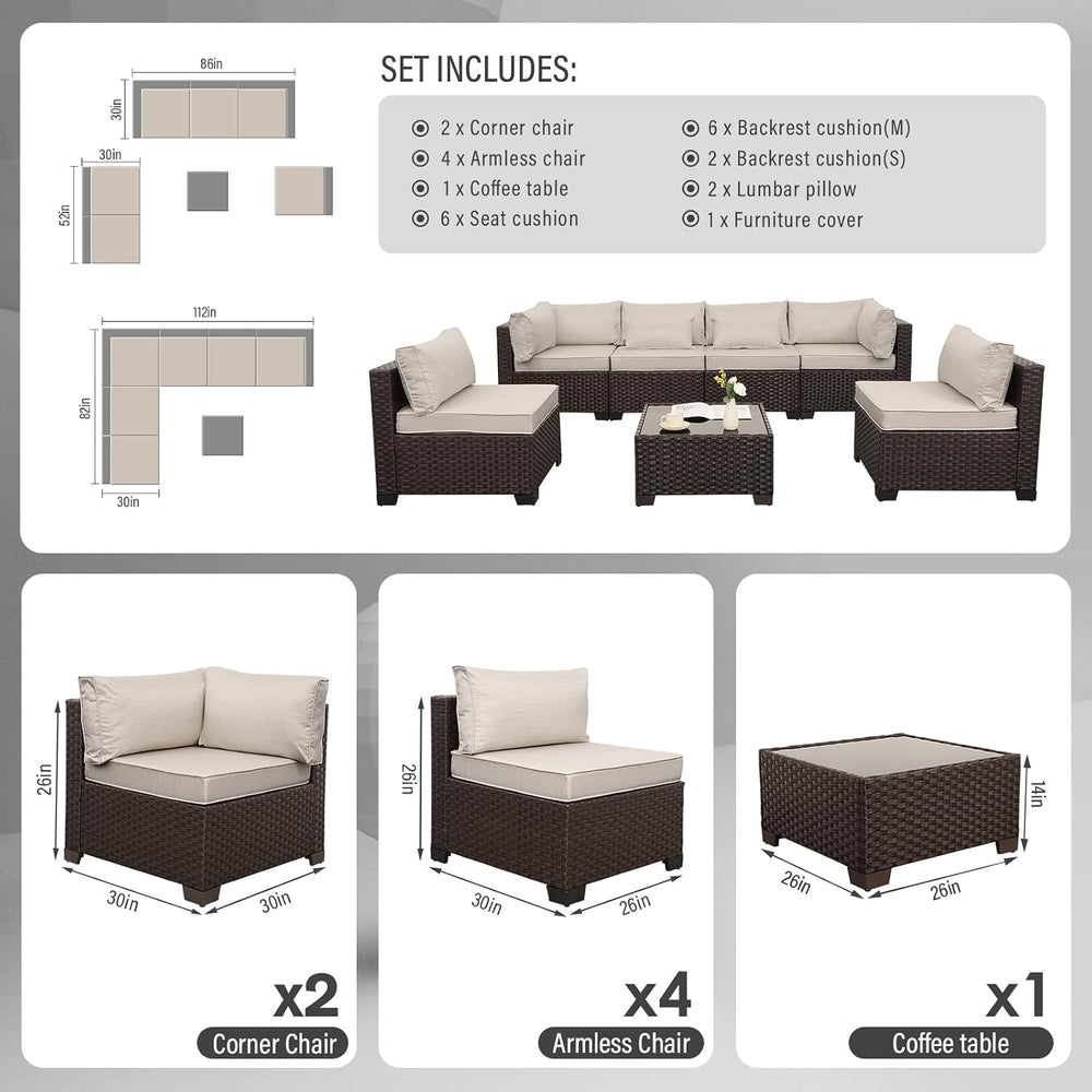 WAROOM Outdoor Patio Furniture Set 7 Pieces Wicker Sectional Sofa Brown Ratta...