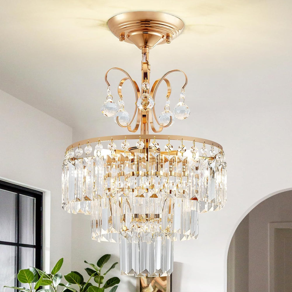 3-Light Gold Crystal Chandelier,Modern 3 Tier Semi Flush Mount Chandelier wit...