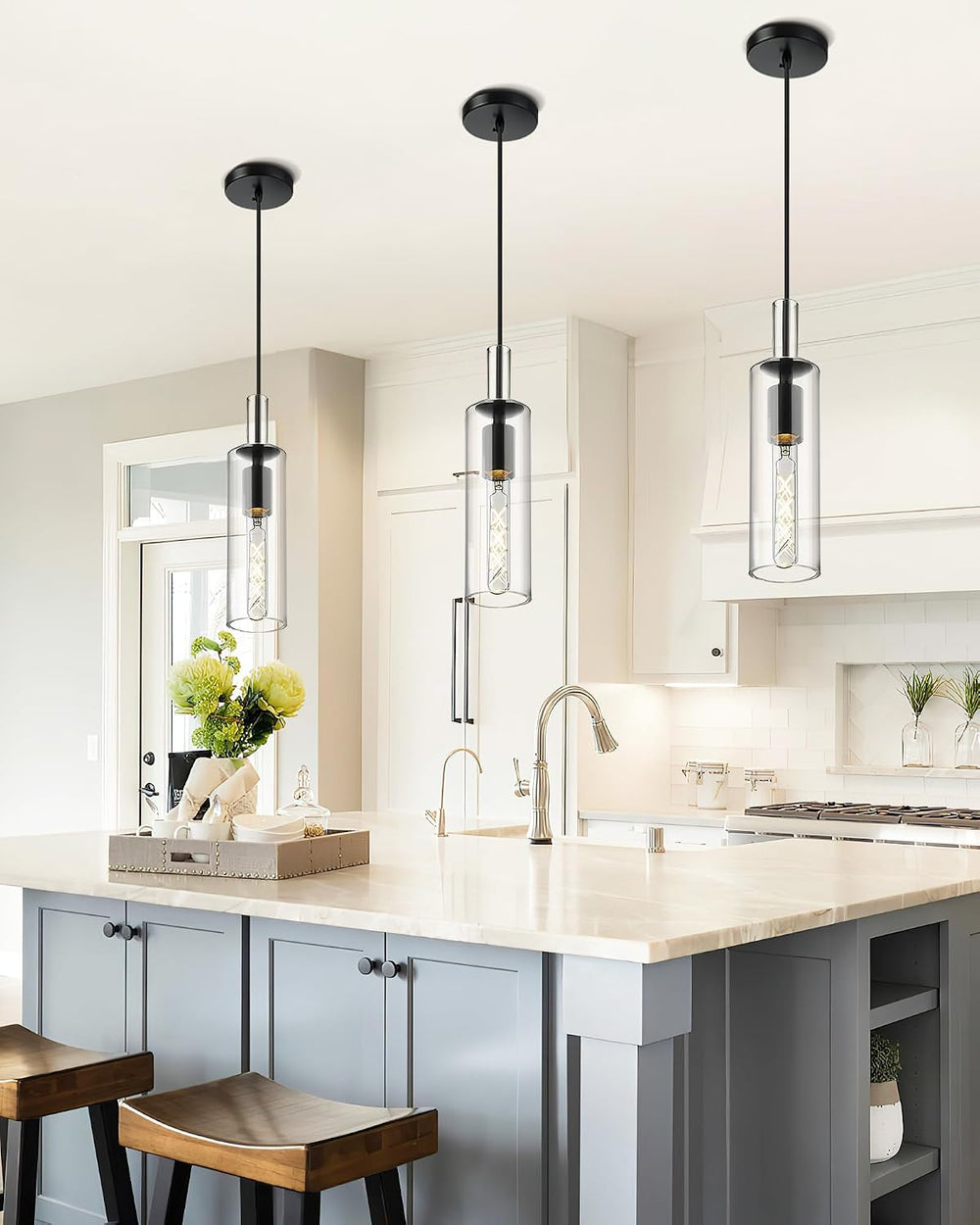 AUTELO 2 Pack Matte Black Pendant Lights Kitchen Island with Clear Glass