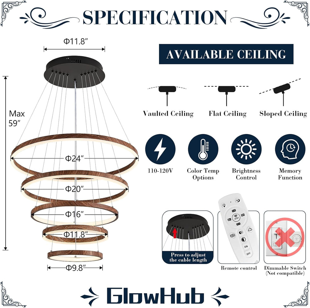 GlowHub Modern LED Chandelier 5 Rings Farmhouse Wood Grain Finish Round Chand...