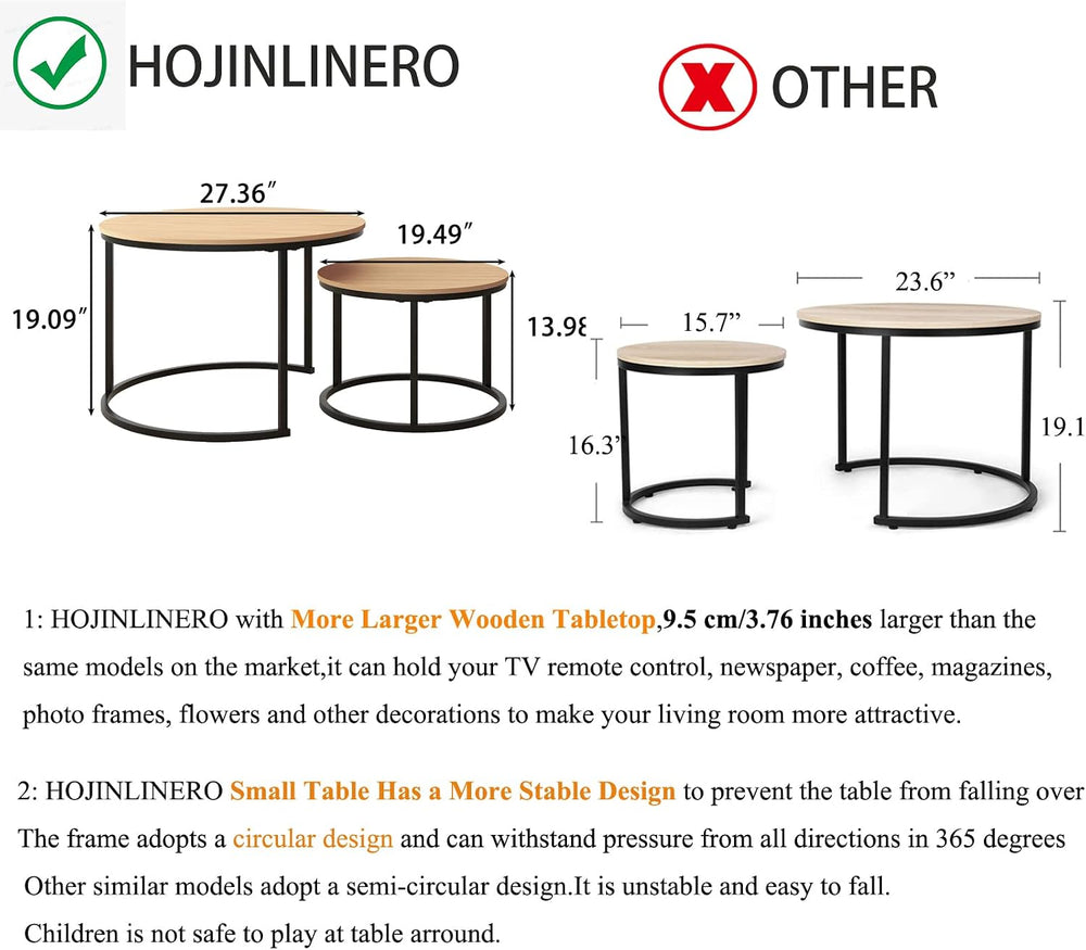 HOJINLINERO Round Nesting Coffee Table Set of 2,Cocktail Table,Large,Oak