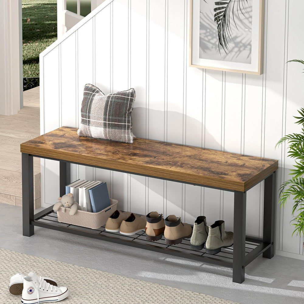 EXCEFUR Entryway Bench, Modern Wood and Metal Storage Bench for Hallway Front...