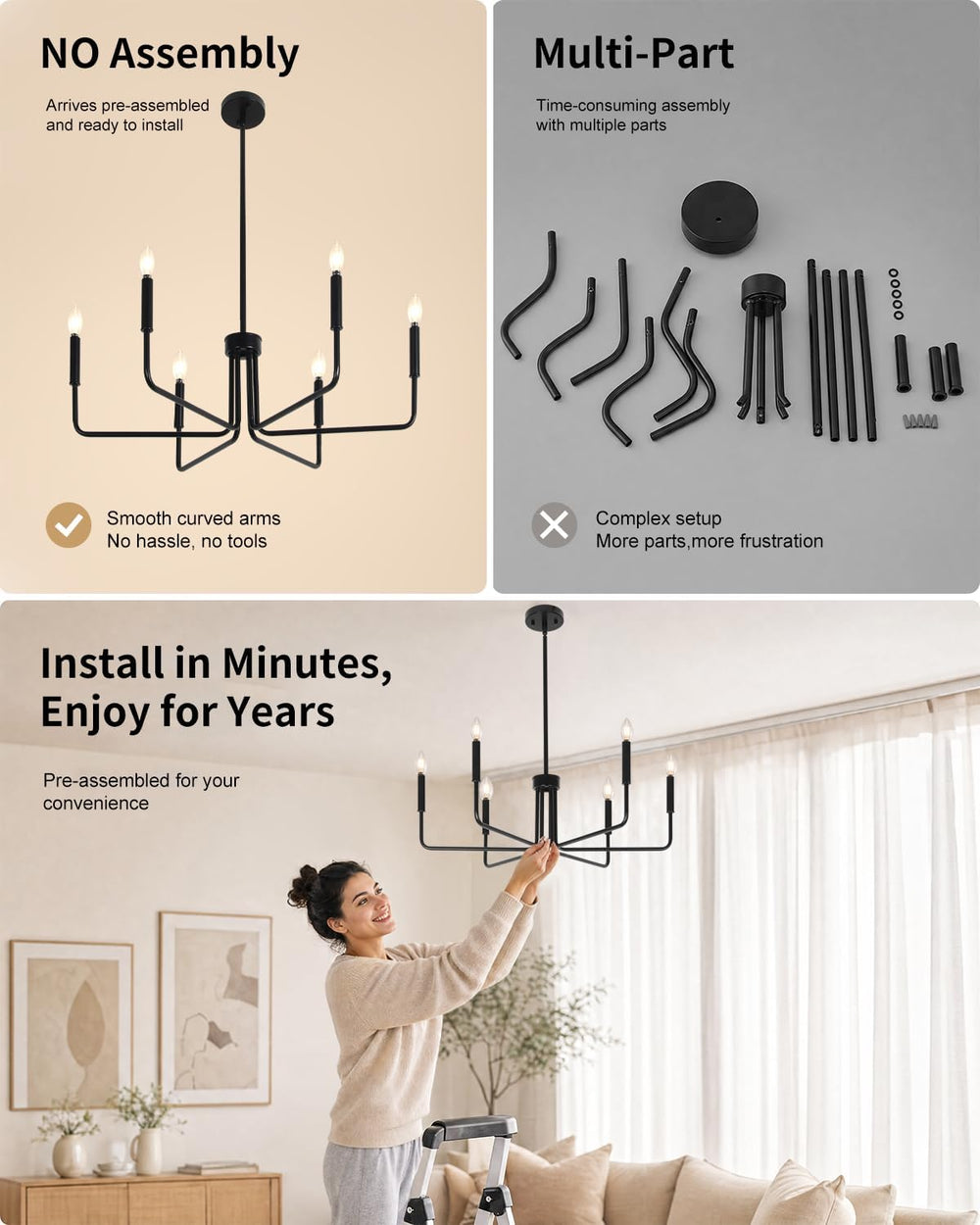 Black Chandelier for Dining Room, Modern 6-Light Farmhouse Chandeliers Lighti...