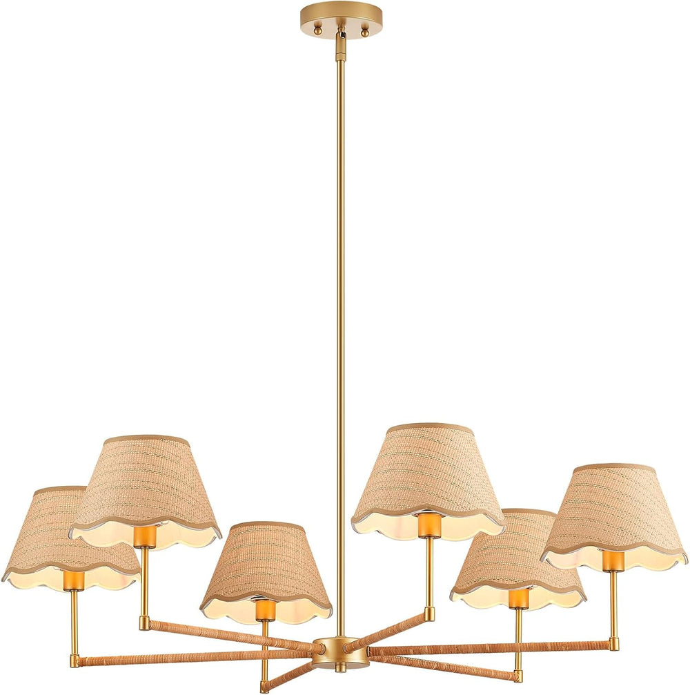 39” Boho Rattan Chandelier 6-Lights Rustic Industrial Pendant Light Large Adj...