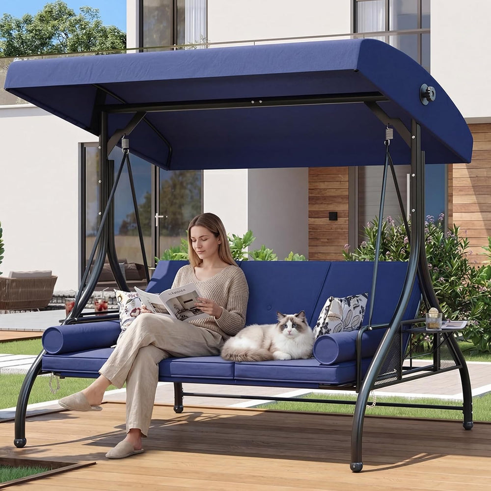 Aoxun Outdoor Porch Swing with Stand and Canopy, 3 Seats Outdoor Swings for A...