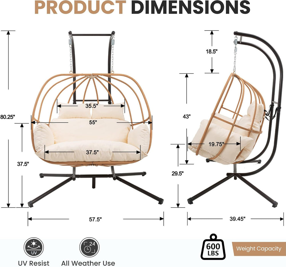 Hanging Chairs with Stand, All Weather Double Egg Chair Outdoor, Metal Hangin...