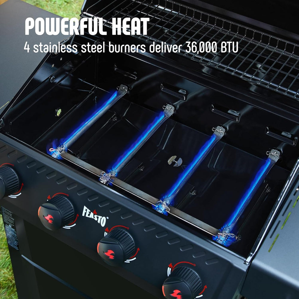 Feasto 4-Burner Propane Grill with Ceramic Burner Chamber, Black