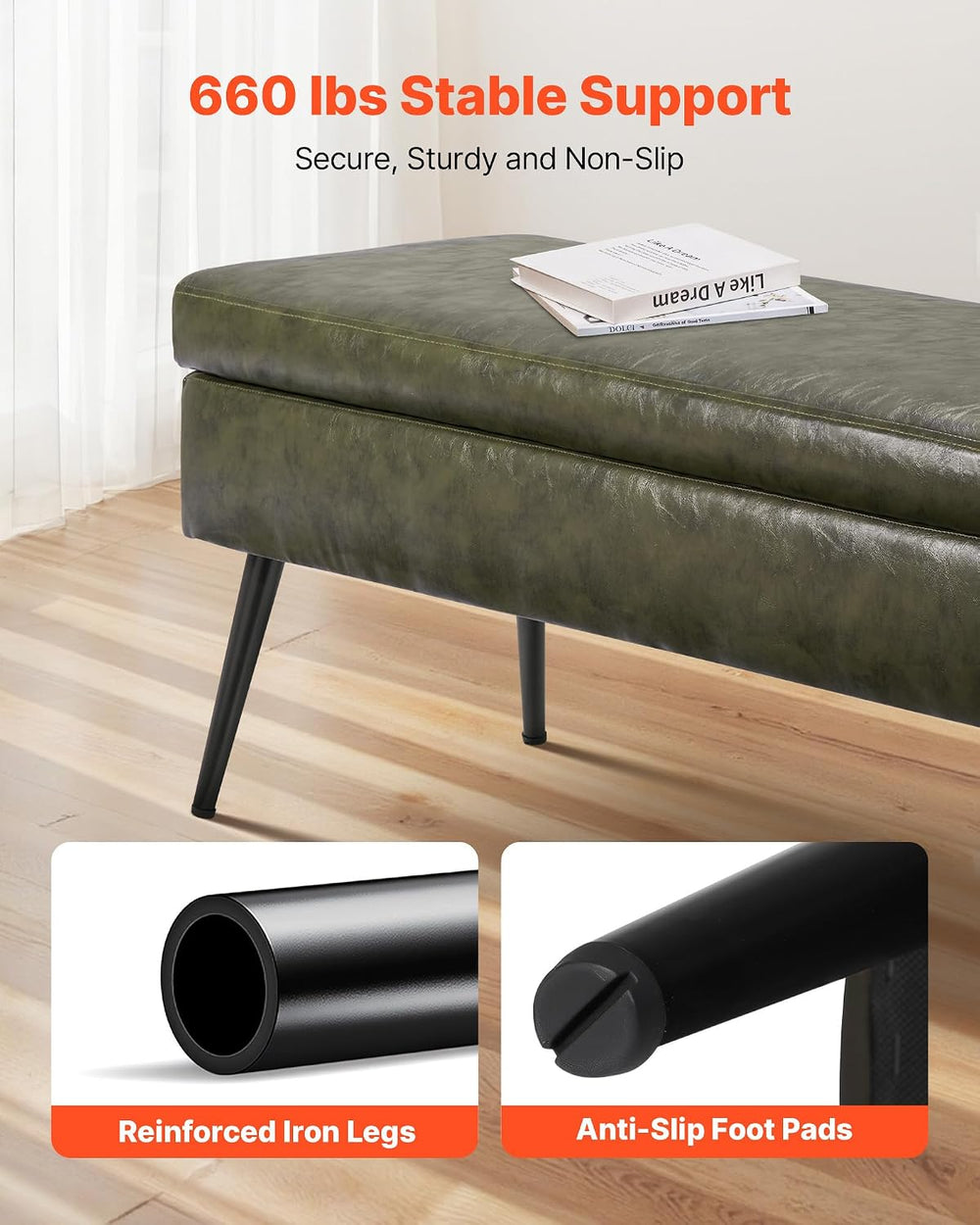 VEVOR Leather Storage Ottoman Bench, PU Leather Bench with Storage and Metal ...