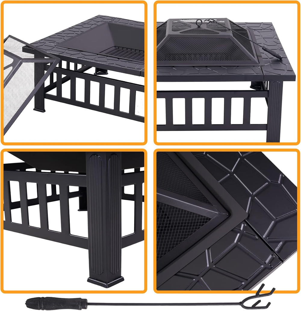 Redeo Outdoor Fire Pit 32 Inch Wood Burning Square FirePit for Outside Backya...