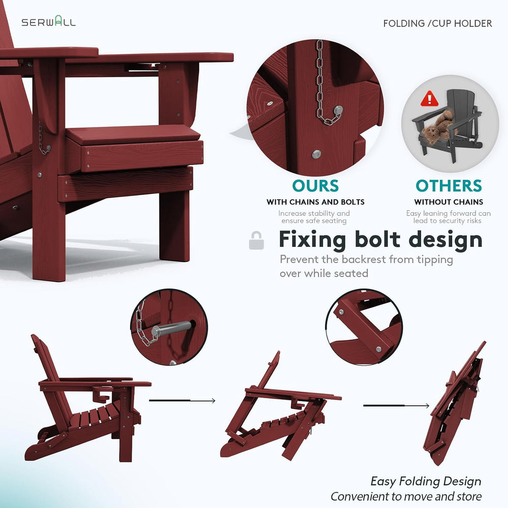 SERWALL Outdoor Adirondack Chairs with 2 Cup Holders,Foldable,Red