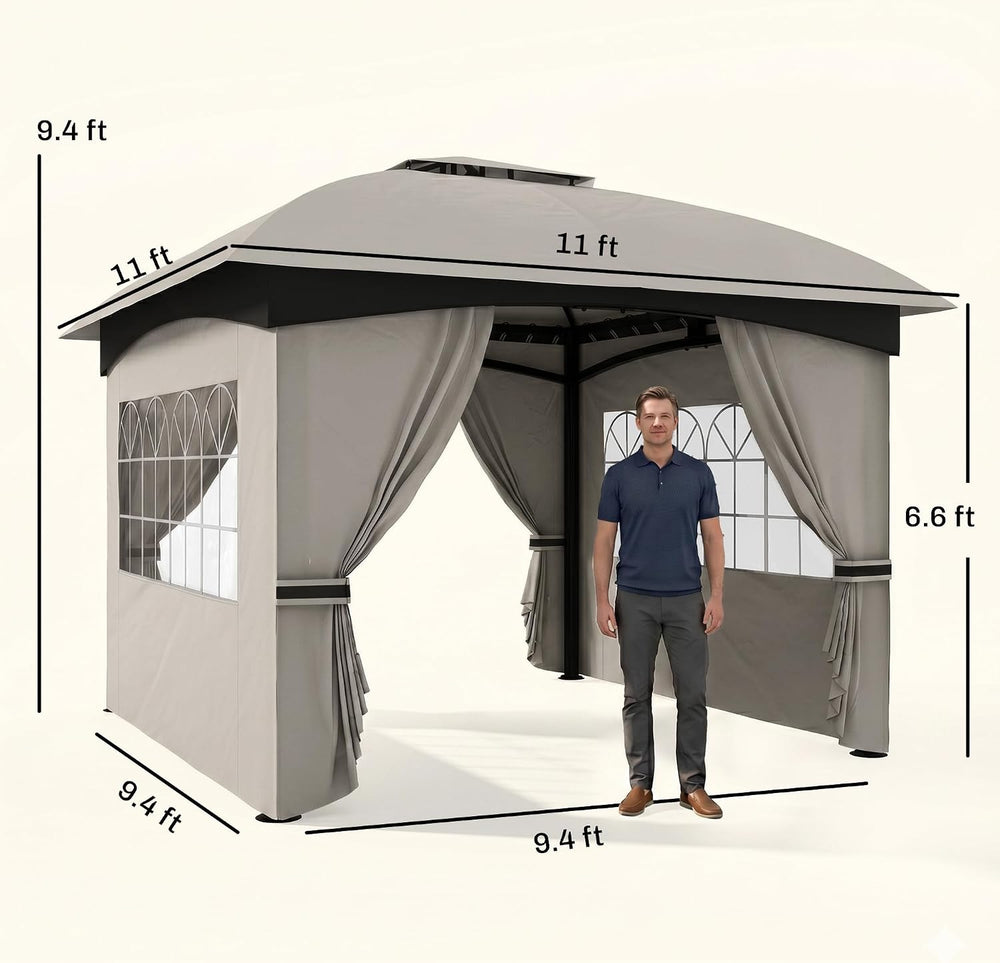 Outsunny 11' x 11' Outdoor Gazebo UV Protected with Curtains Light Gray