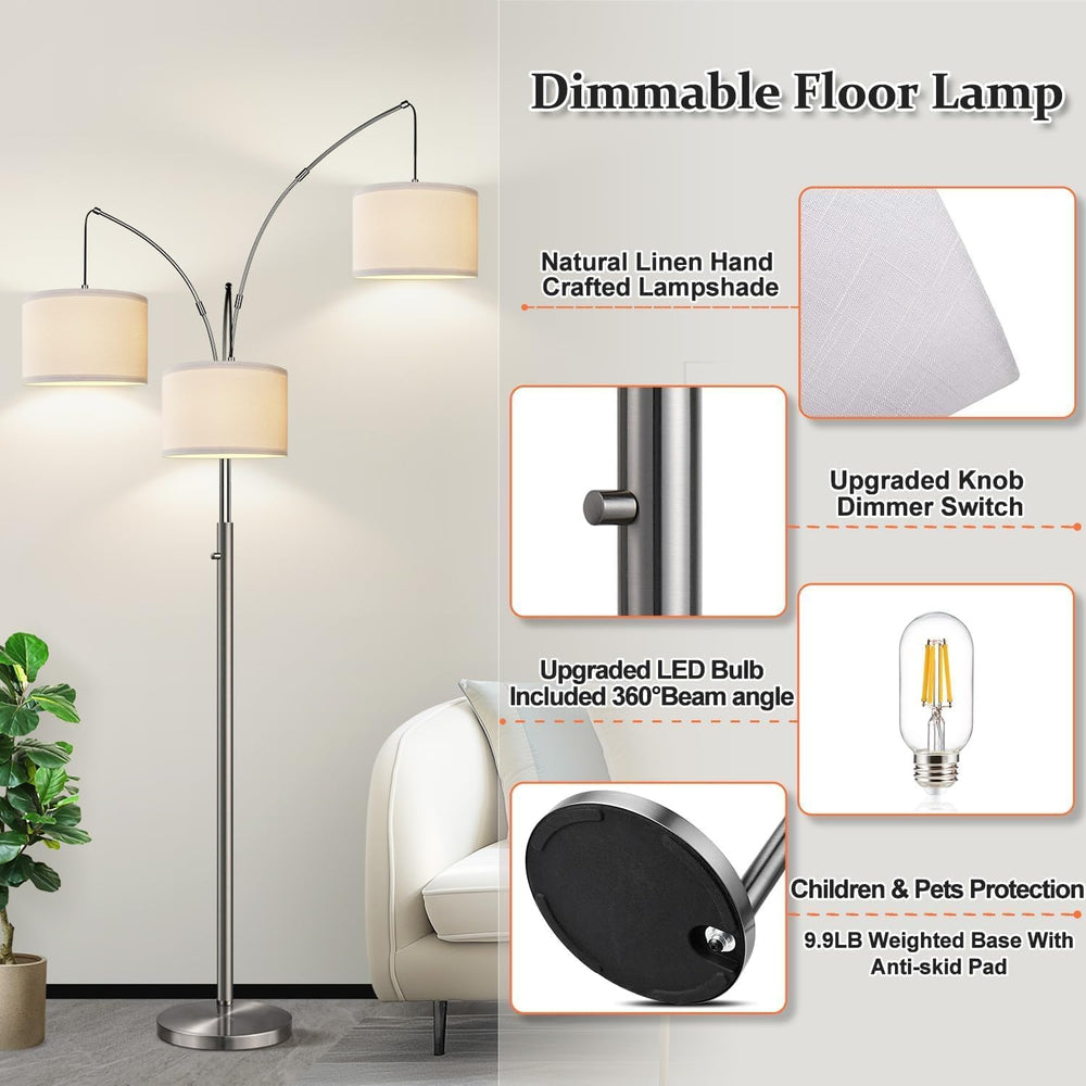 Dimmable Floor Lamp, 3 Lights Sliver Arc Floor Lamp, Modern Tall Standing Tre...
