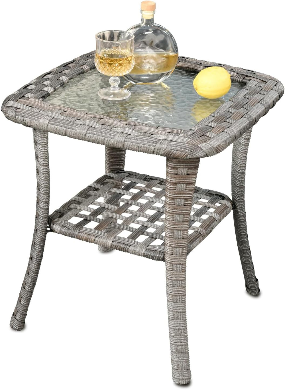 ovios Outdoor Side Table with Tempered Glass Top, Patio Wicker Rattan 2-Tier ...
