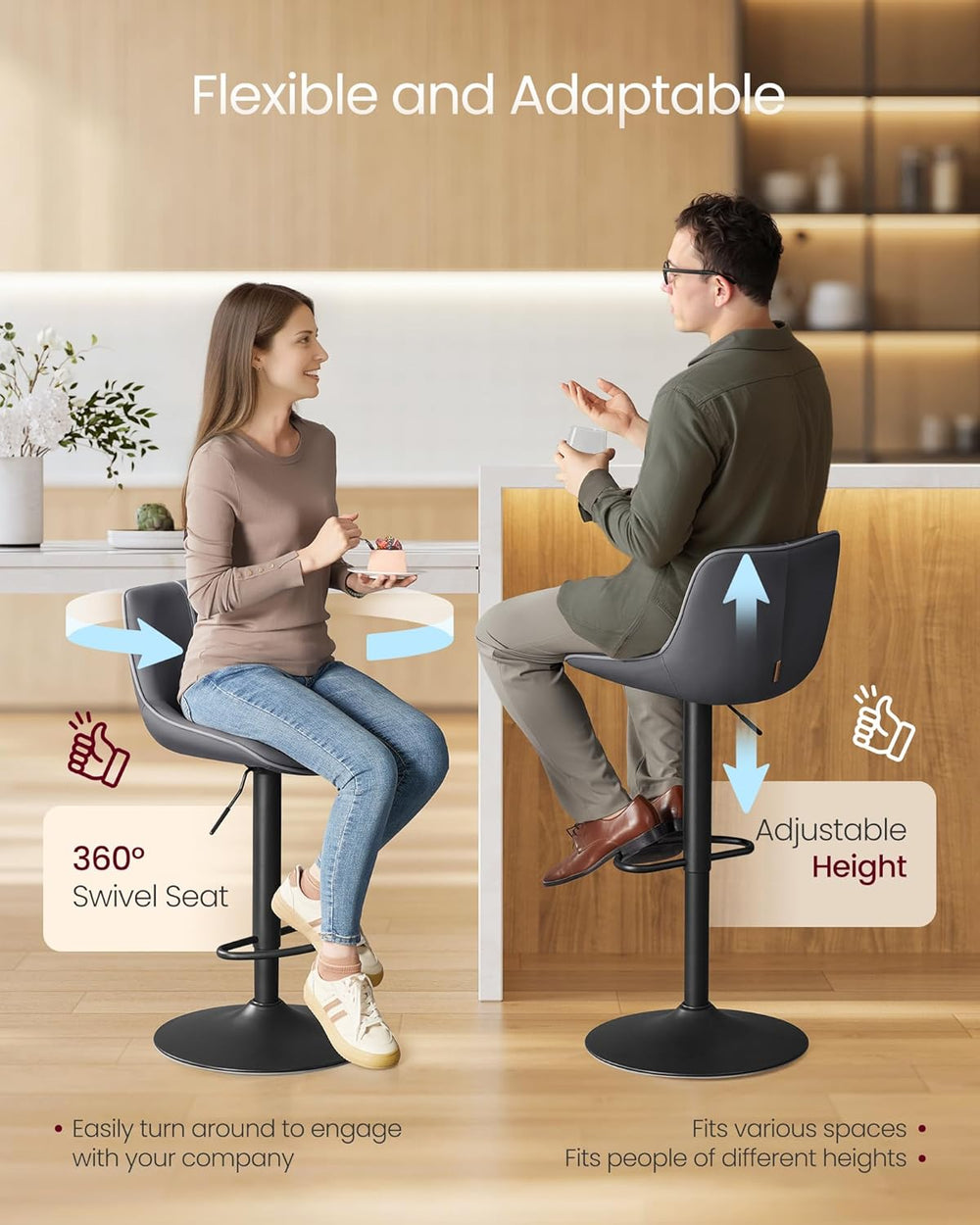 VASAGLE Bar Stools Set of 4, Swivel, Adjustable Height, Spliced Design