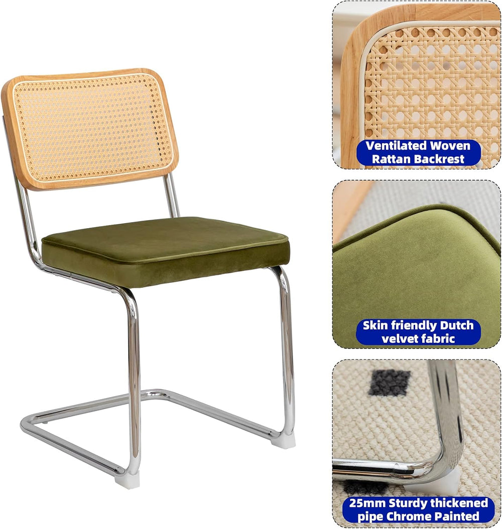 MFFM Rattan Dining Chairs Set of 2, Green Velvet Dining Room Chair with Solid...
