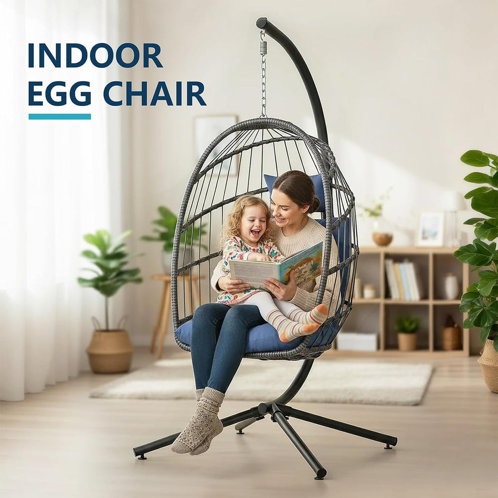LEYCAY Hanging Egg Chair with Stand, Outdoor Indoor Egg Swing - Dark Blue